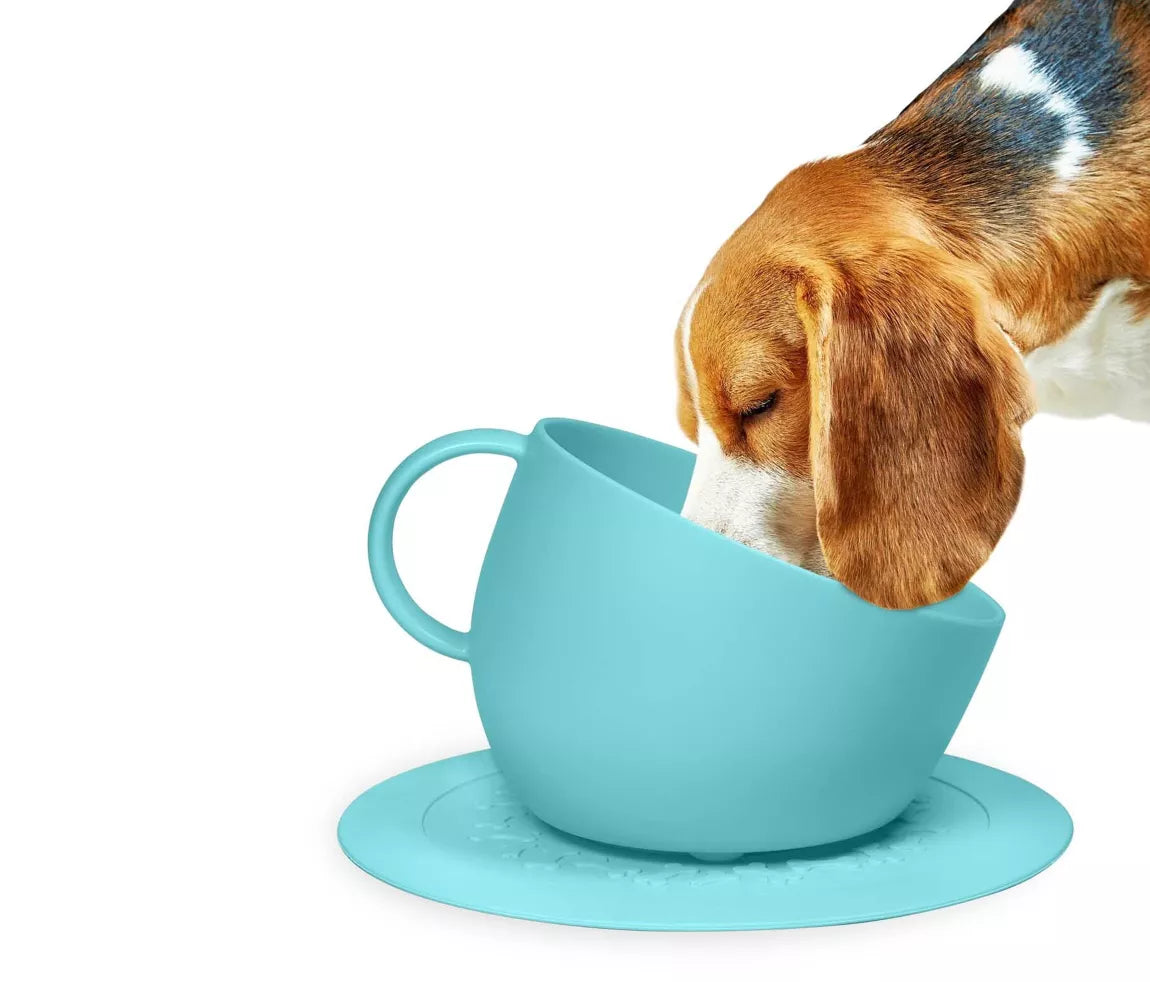 Set of high anti-splash bowl and aquamarine saucer mat