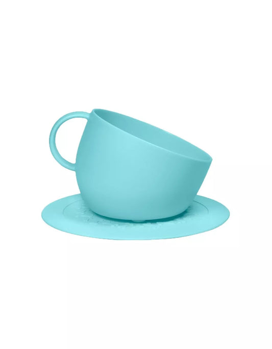 Set of high anti-splash bowl and aquamarine saucer mat